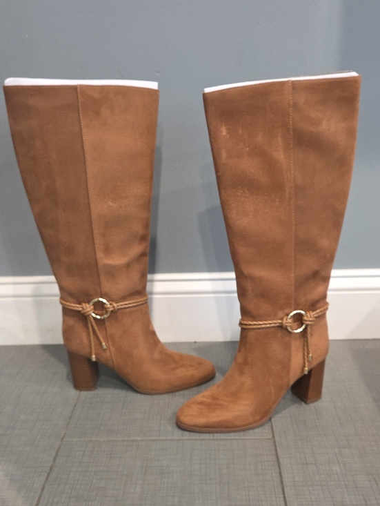 Scenario Shoes - Tan Suede Mid-Calf Block Heel Boots with Rope Ring Accent Size 7